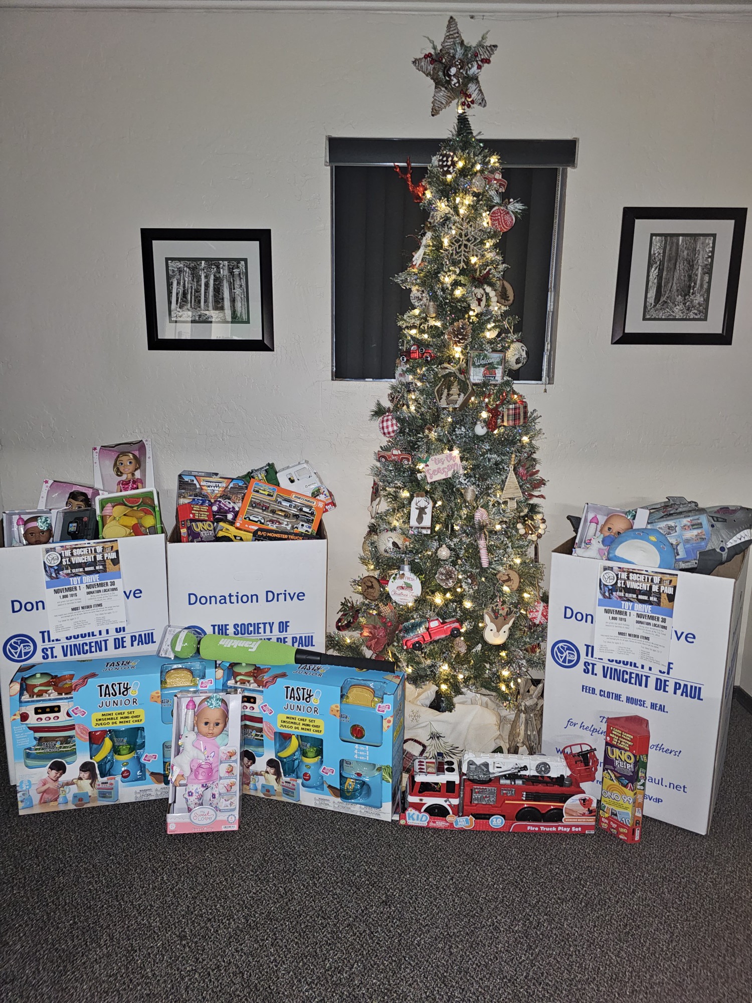 Christmas Tree with St Vincent Toy Boxes Filled with Toys